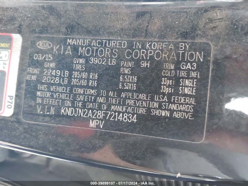 2015 Kia Soul VIN: KNDJN2A28F7214834 Lot: 39899107