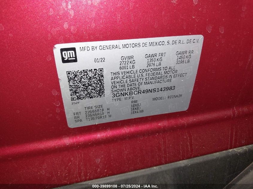 2022 Chevrolet Blazer Fwd 2Lt VIN: 3GNKBCR49NS143983 Lot: 39899108