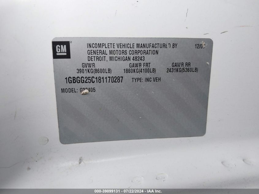 2008 Chevrolet Express Work Van VIN: 1GBGG25C181170287 Lot: 39899131