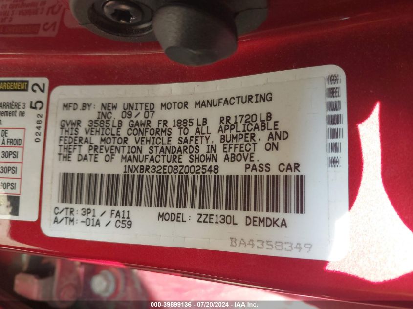 2008 Toyota Corolla Ce VIN: 1NXBR32E08Z002548 Lot: 39899136