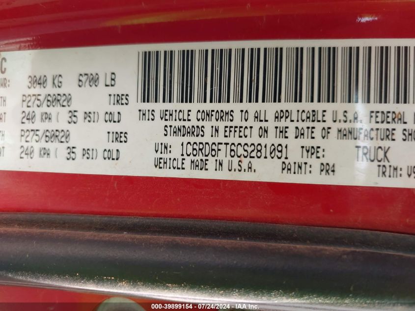 2012 Ram 1500 St VIN: 1C6RD6FT6CS281091 Lot: 39899154