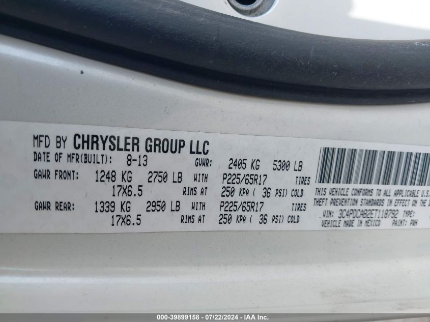 2014 Dodge Journey Se VIN: 3C4PDCAB2ET118792 Lot: 39899158