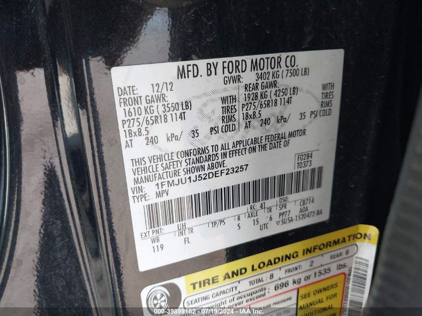 2013 Ford Expedition Xlt VIN: 1FMJU1J52DEF23257 Lot: 39899182