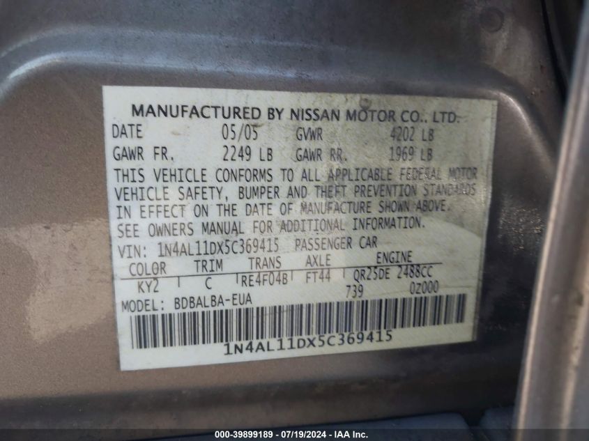 2005 Nissan Altima S/Sl VIN: 1N4AL11DX5C369415 Lot: 39899189