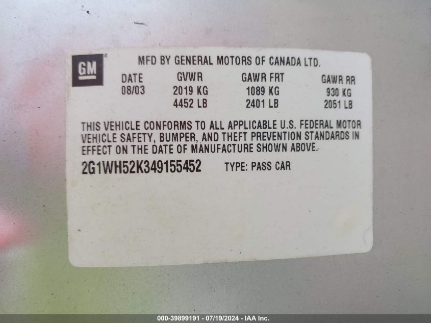 2004 Chevrolet Impala Ls VIN: 2G1WH52K349155452 Lot: 39899191