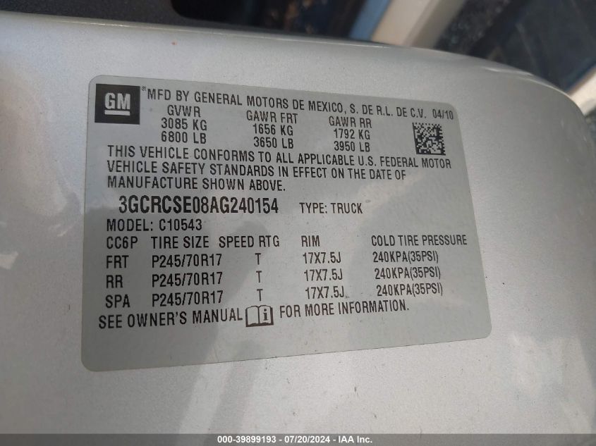 2010 Chevrolet Silverado 1500 Lt VIN: 3GCRCSE08AG240154 Lot: 39899193