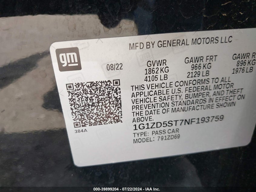 2022 Chevrolet Malibu Fwd Lt VIN: 1G1ZD5ST7NF193759 Lot: 39899204