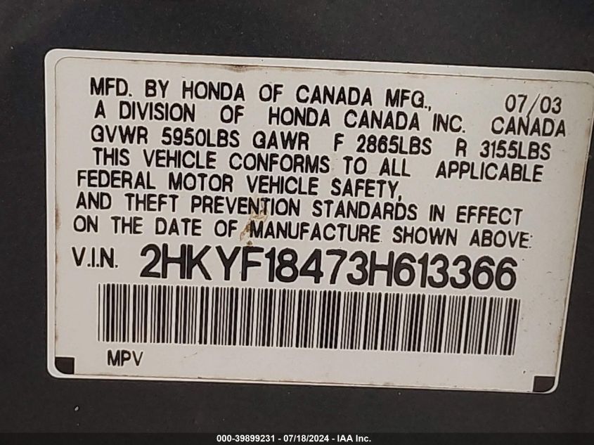 2003 Honda Pilot Ex VIN: 2HKYF18473H613366 Lot: 39899231