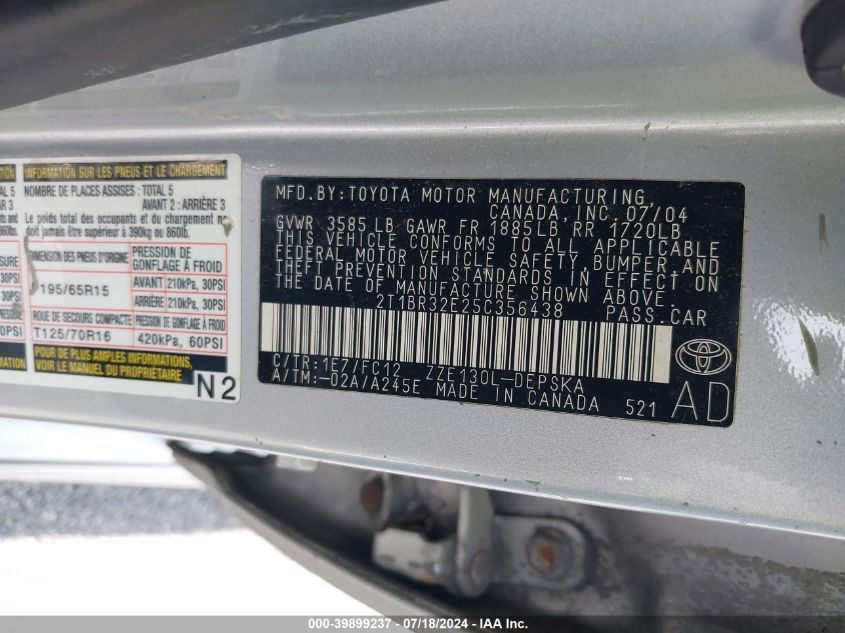 2005 Toyota Corolla S VIN: 2T1BR32E25C356438 Lot: 39899237