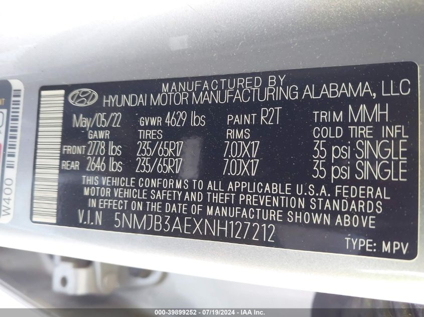 2022 Hyundai Tucson Sel VIN: 5NMJB3AEXNH127212 Lot: 39899252