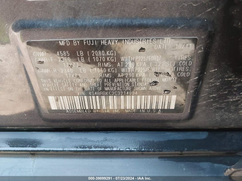 2012 Subaru Outback 2.5I Limited VIN: 4S4BRBKC2C3214004 Lot: 39899291