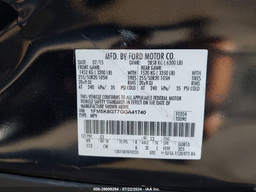 2016 Ford Explorer Sport VIN: 1FM5K8GT7GGA41740 Lot: 39899294