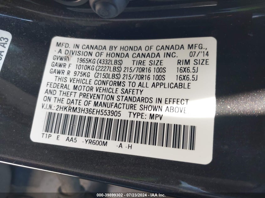 2014 Honda Cr-V Lx VIN: 2HKRM3H36EH553905 Lot: 39899302