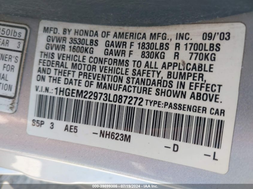 2003 Honda Civic Ex VIN: 1HGEM22973L087272 Lot: 39899305