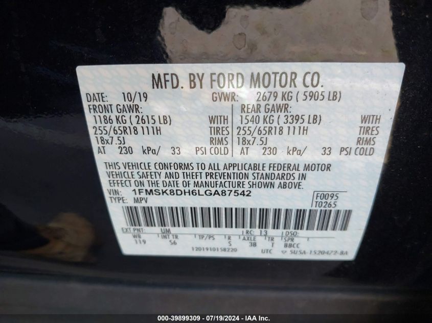 2020 Ford Explorer Xlt VIN: 1FMSK8DH6LGA87542 Lot: 39899309