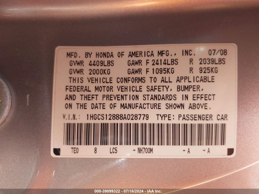 1HGCS12888A028779 | 2008 HONDA ACCORD