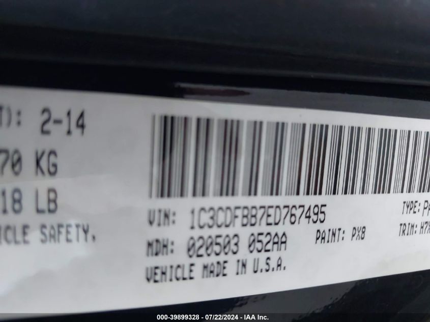 2014 Dodge Dart Sxt VIN: 1C3CDFBB7ED767495 Lot: 39899328