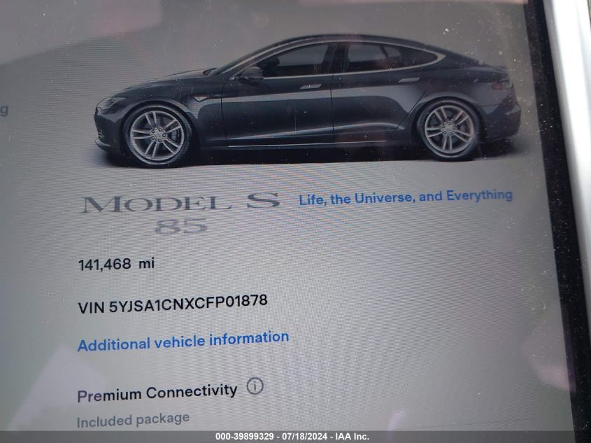 2012 Tesla Model S Signature VIN: 5YJSA1CNXCFP01878 Lot: 39899329