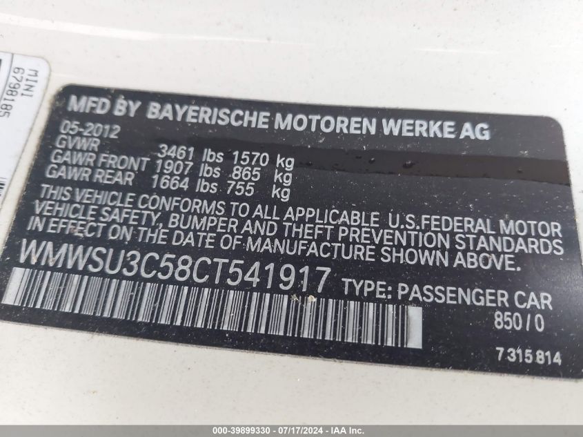 2012 Mini Cooper VIN: WMWSU3C58CT541917 Lot: 39899330
