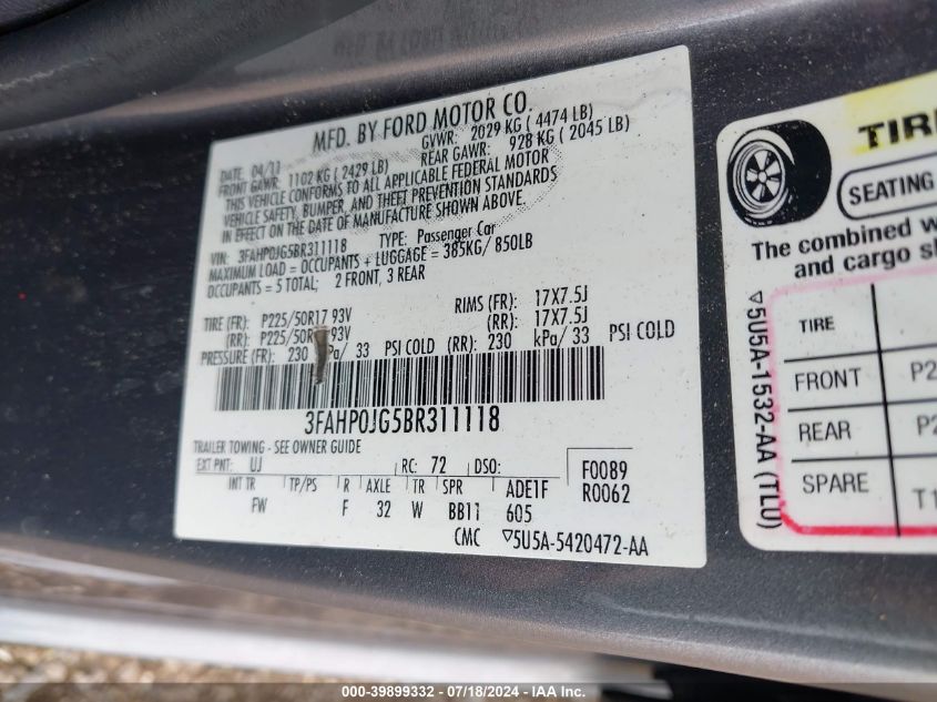 2011 Ford Fusion Sel VIN: 3FAHP0JG5BR311118 Lot: 39899332