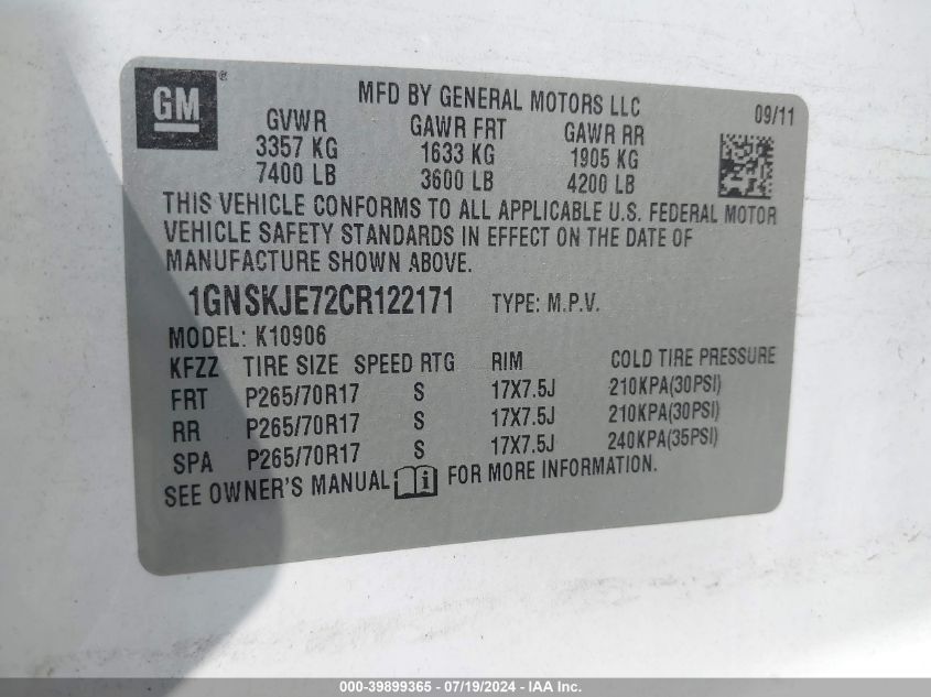 2012 Chevrolet Suburban 1500 Lt VIN: 1GNSKJE72CR122171 Lot: 39899365