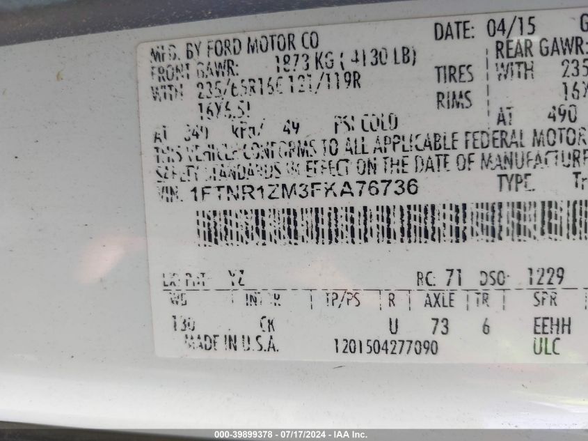 2015 Ford Transit-250 VIN: 1FTNR1ZM3FKA76736 Lot: 39899378