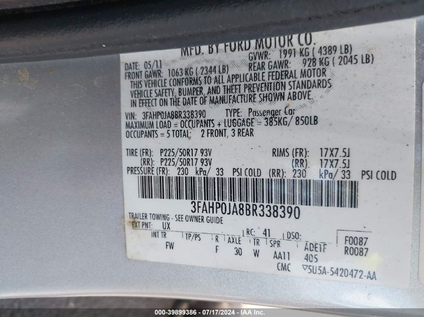 2011 Ford Fusion Sel VIN: 3FAHP0JA8BR338390 Lot: 39899386