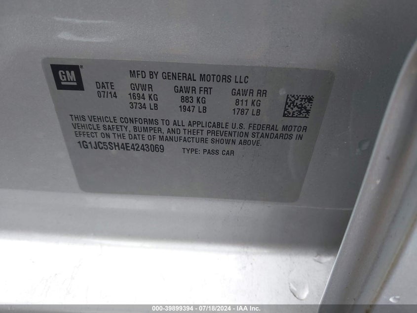2014 Chevrolet Sonic Lt VIN: 1G1JC5SH4E4243069 Lot: 39899394