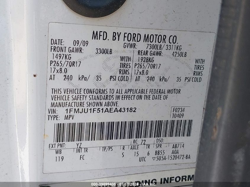 2010 Ford Expedition Xlt VIN: 1FMJU1F51AEA43182 Lot: 39899405