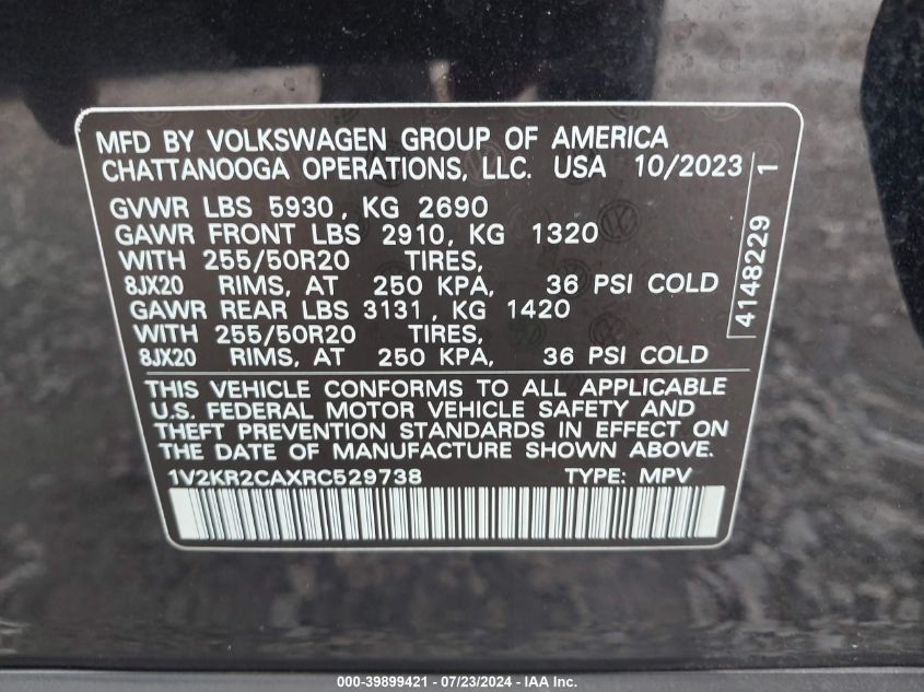 2024 Volkswagen Atlas Se VIN: 1V2KR2CAXRC529738 Lot: 39899421
