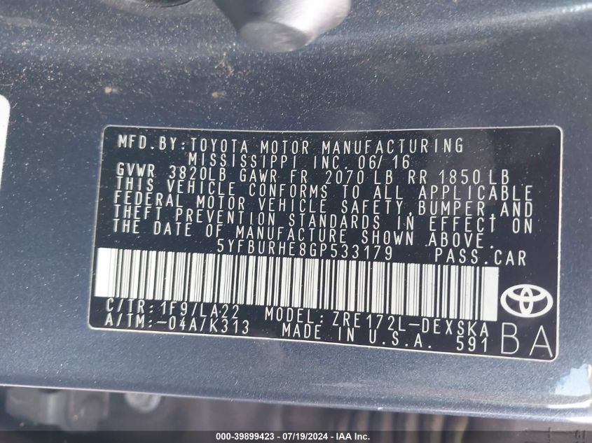 2016 TOYOTA COROLLA L/LE/LE PLS/PRM/S/S PLS - 5YFBURHE8GP533179