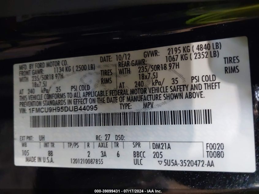 2013 Ford Escape Sel VIN: 1FMCU9H95DUB44095 Lot: 39899431