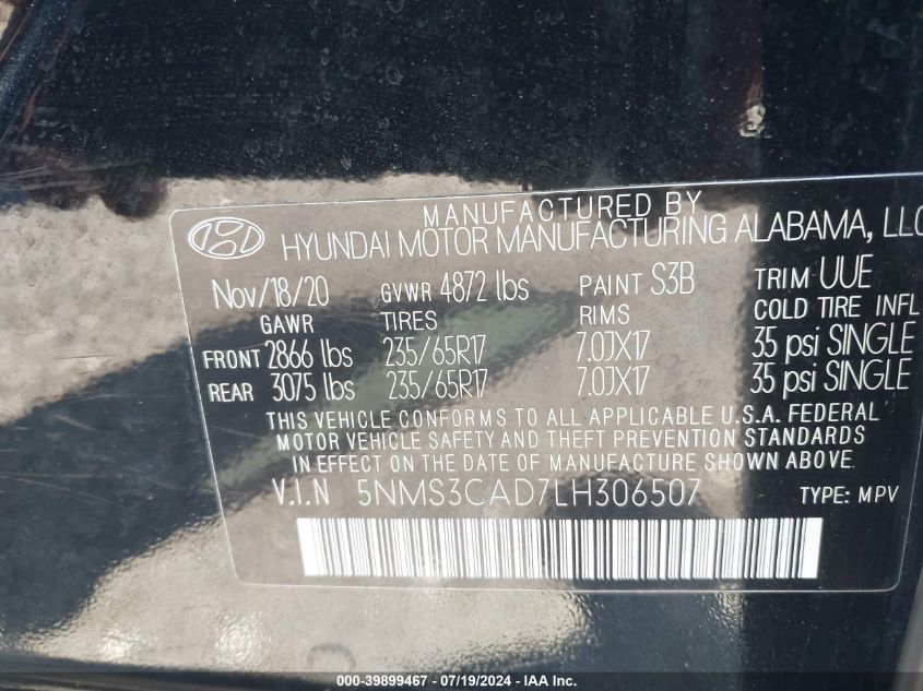 2020 Hyundai Santa Fe Sel/Sel Plus VIN: 5NMS3CAD7LH306507 Lot: 39899467