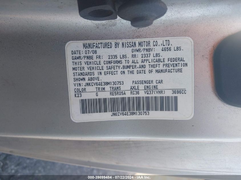 2008 Infiniti G37 Journey VIN: JNKCV64E38M130753 Lot: 39899484