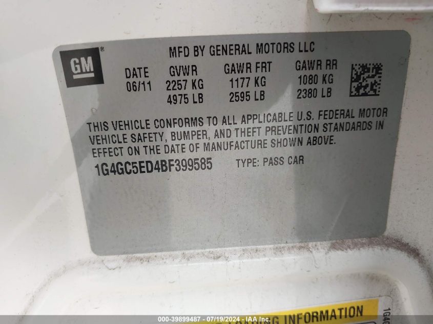 2011 Buick Lacrosse Cxl VIN: 1G4GC5ED4BF399585 Lot: 39899487