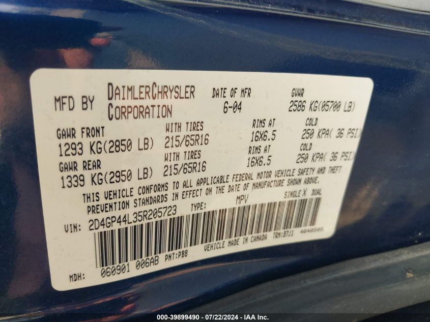 2005 Dodge Grand Caravan Sxt VIN: 2D4GP44L35R205723 Lot: 39899490