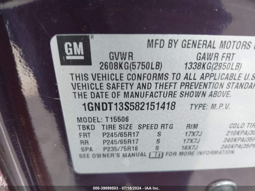 2008 Chevrolet Trailblazer Lt VIN: 1GNDT13S582151418 Lot: 39899503