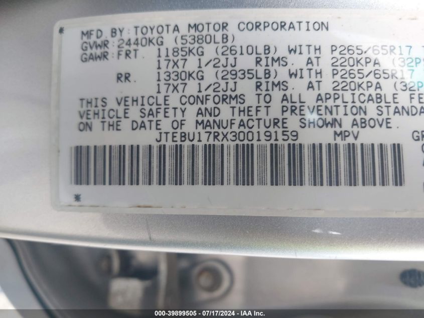 2003 Toyota 4Runner Limited V6 VIN: JTEBU17RX30019159 Lot: 39899505