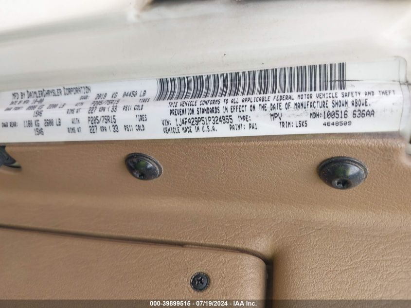 2001 Jeep Wrangler Se VIN: 1J4FA29P51P324955 Lot: 39899515