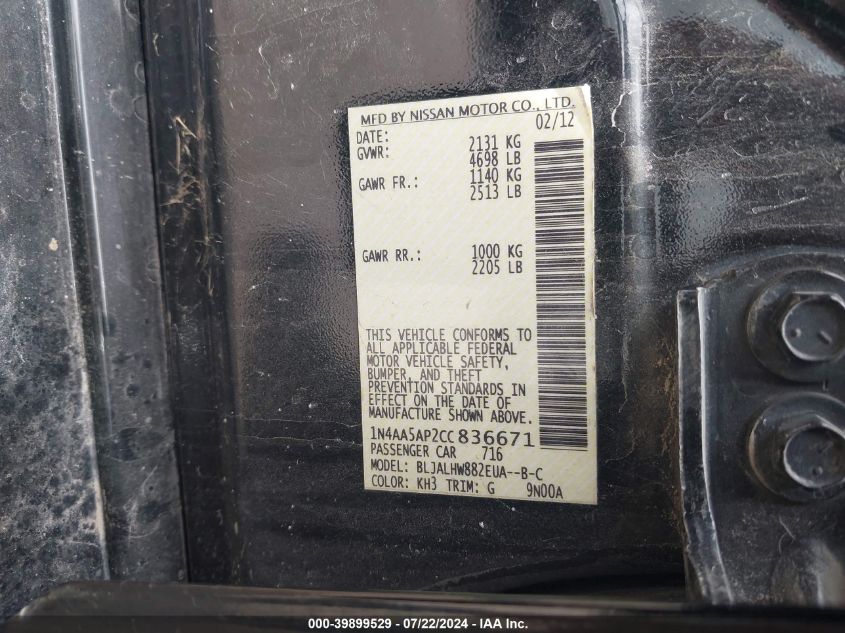 2012 Nissan Maxima 3.5 Sv VIN: 1N4AA5AP2CC836671 Lot: 39899529