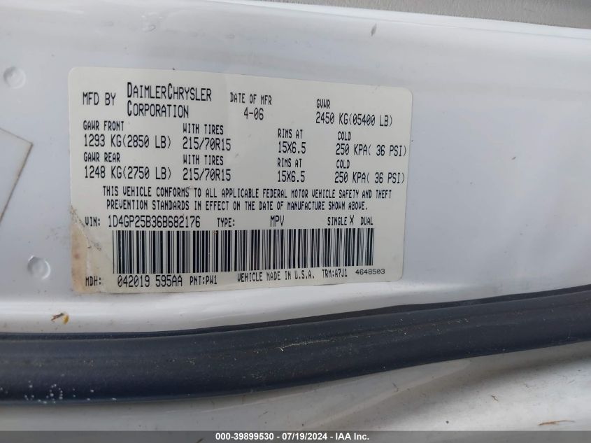 2006 Dodge Caravan Se VIN: 1D4GP25B36B682176 Lot: 39899530