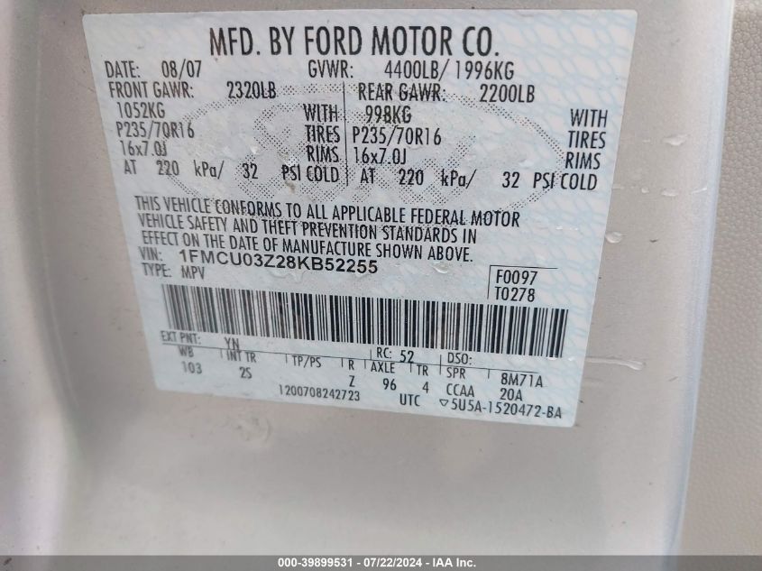 2008 Ford Escape Xlt VIN: 1FMCU03Z28KB52255 Lot: 39899531