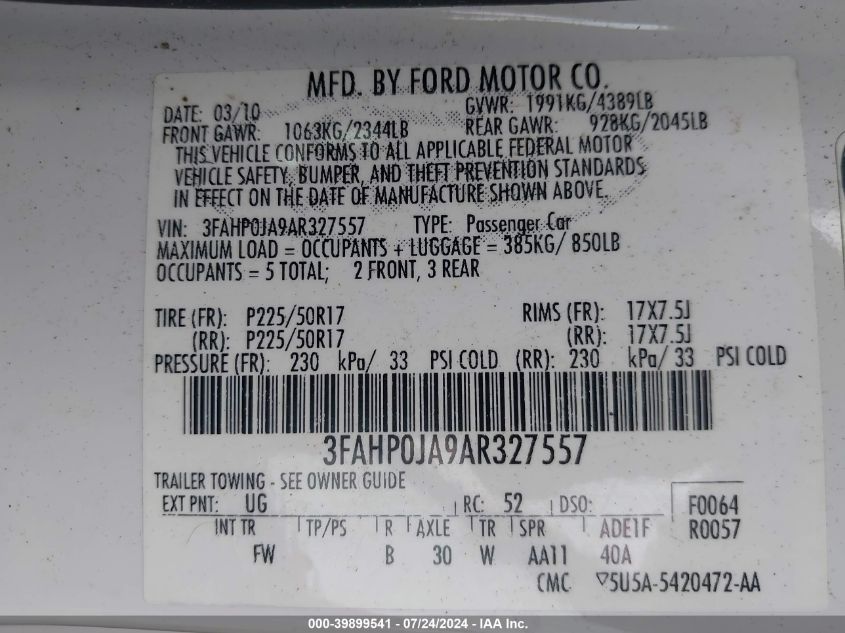 2010 Ford Fusion Sel VIN: 3FAHP0JA9AR327557 Lot: 39899541