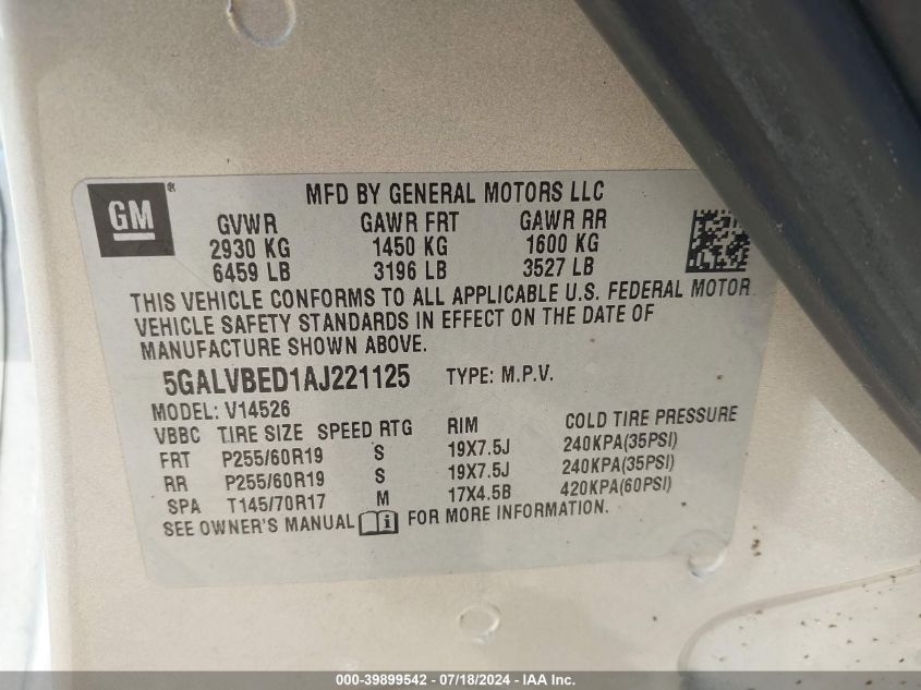 2010 Buick Enclave 1Xl VIN: 5GALVBED1AJ221125 Lot: 39899542