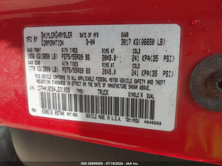 2004 Dodge Ram 1500 Slt/Laramie VIN: 1D7HA18D54J231026 Lot: 39899550
