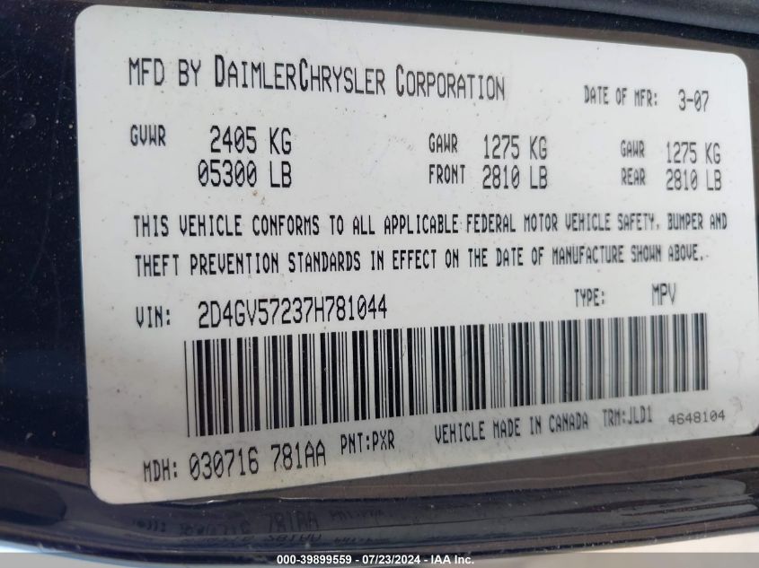 2007 Dodge Magnum Rt VIN: 2D4GV57237H781044 Lot: 39899559