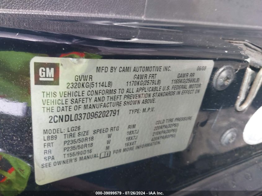 2009 Chevrolet Equinox Sport VIN: 2CNDL037096202791 Lot: 39899579