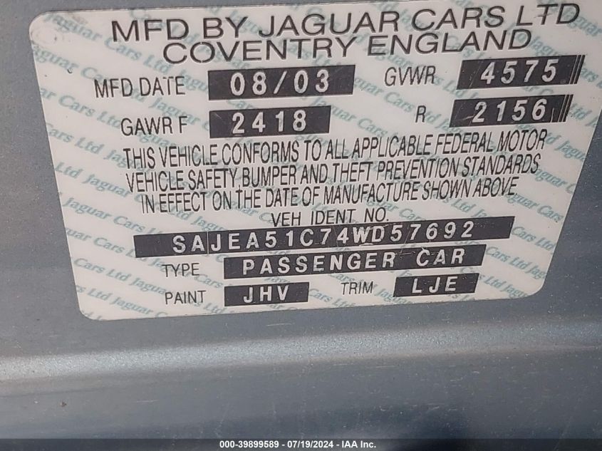 2004 Jaguar X-Type 3.0 VIN: SAJEA51C74WD57692 Lot: 39899589