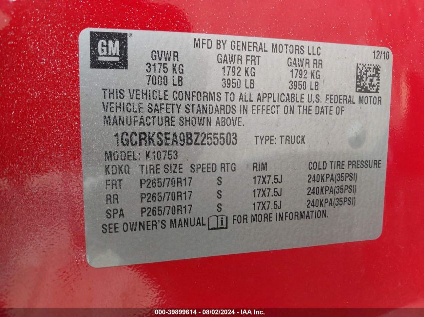 2011 Chevrolet Silverado 1500 Lt VIN: 1GCRKSEA9BZ255503 Lot: 39899614