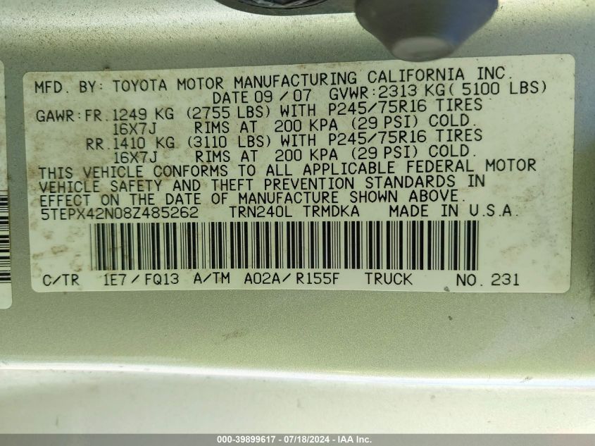 2008 Toyota Tacoma VIN: 5TEPX42N08Z485262 Lot: 39899617